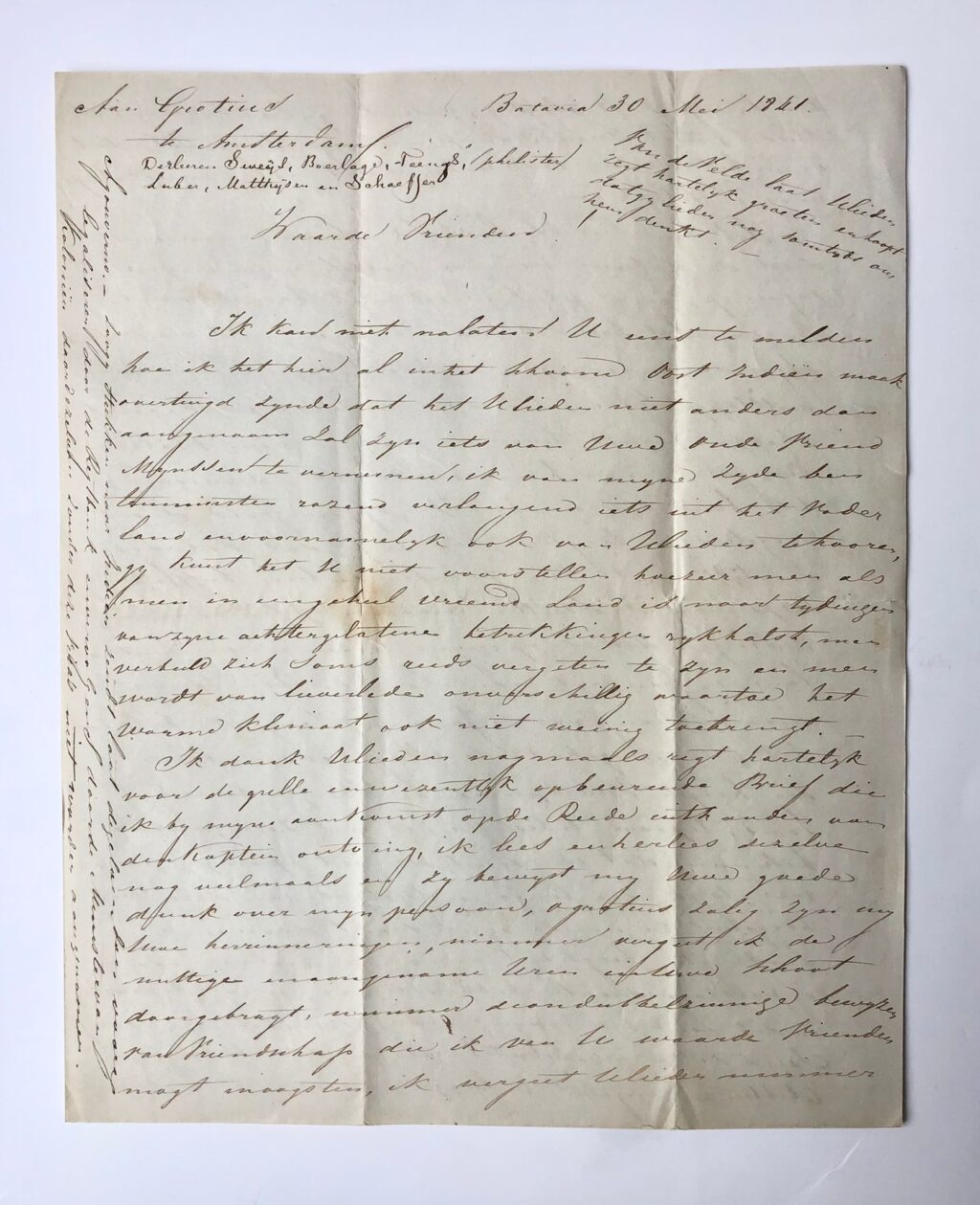 [Manuscript, letter, Indonesia, Indie, Jakarta, 1841] Twee zeer uitvoerige brieven van J.J. Mijnssen aan W.D. Sweijs, 1841-1842, geschreven vanuit Batavia, manuscripten, 9 pag.