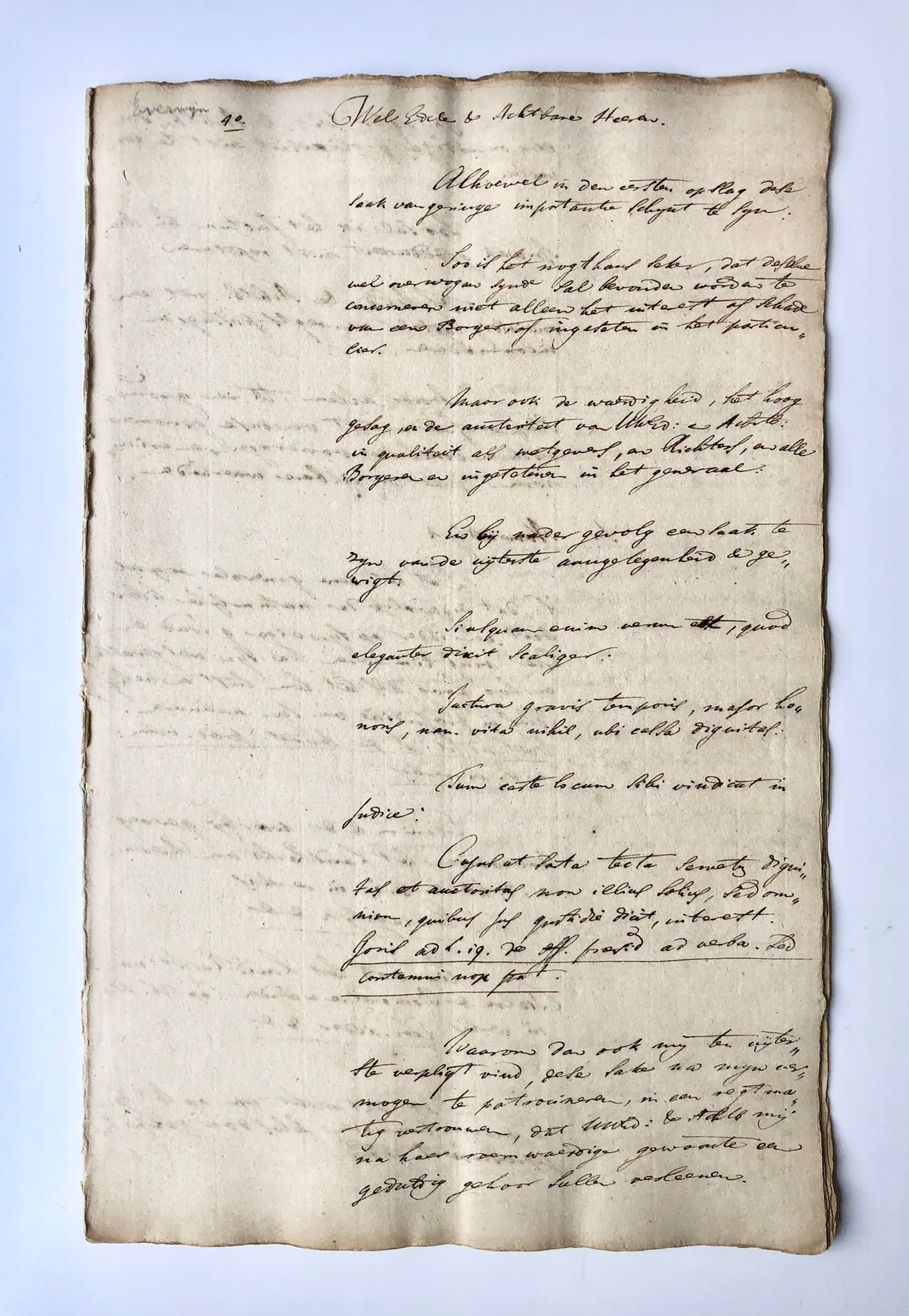  - [Legal plea, 18th century] Pleitrede over de questieuse timmeragie in Sake van Everwijn contra Kleinpenning, manuscript, 18e eeuws, folio, 22 pag.