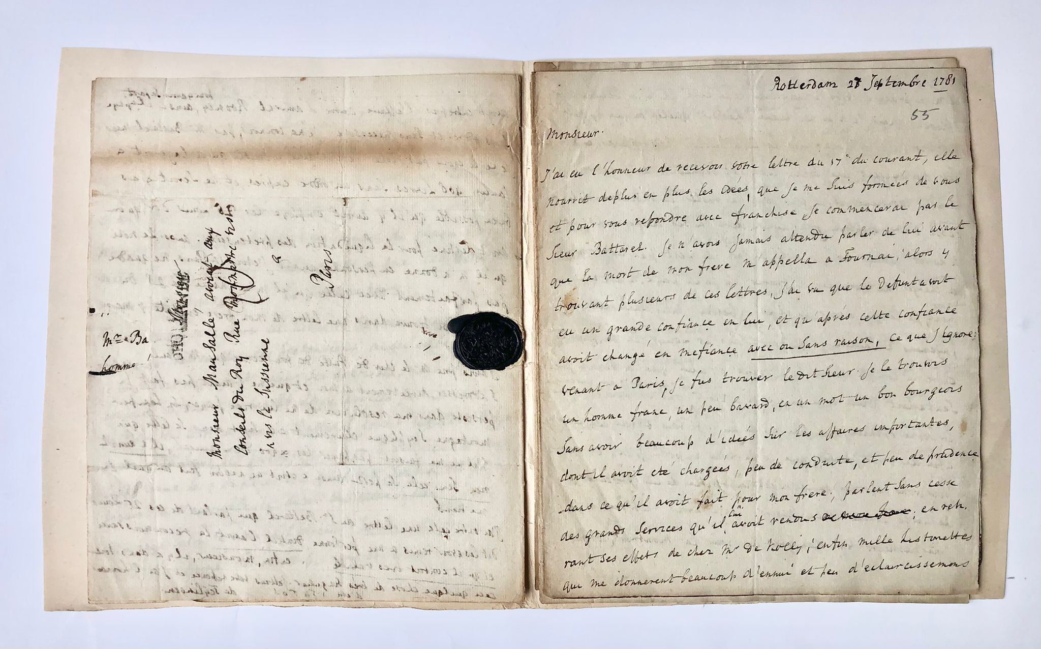  - [Manuscripts, letter, French language] 5 letters by heer Van Teylingen in Rotterdam, to lawyer Mansalle in Paris, d.d. 1781-1784, manuscript, 17 pp. French language.