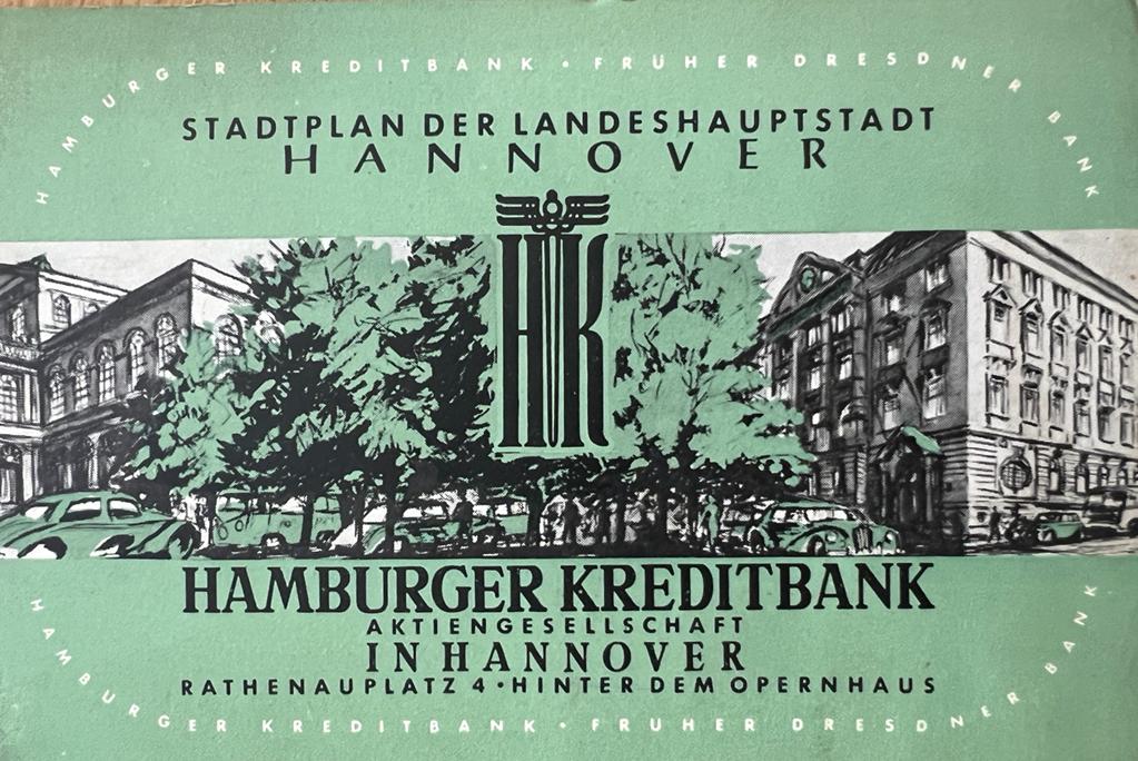 [Map Hannover, Germany, special folding way] Stadtplan der landeshauptstadt Hannover, Hamburger Kreditbank aktiengesellschaft in Hangover rathenauplatz 4, hinter dem Opernhaus, kaart.