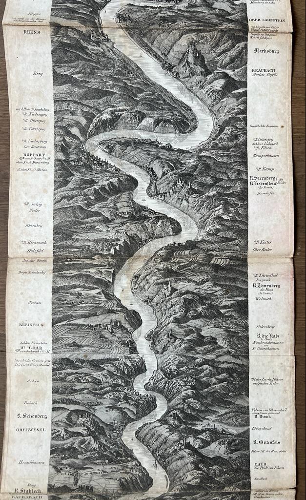 [Map Rhine folding to 193 cm long river view, 1825] Panorama des Rheins von Mainz bis Cöln. Delkeskamp, Original-ausgabe, Friedrich Wilmans, Frankfurt, 32 pp text in german and french + panorama (193 x 23 cm), 1825.