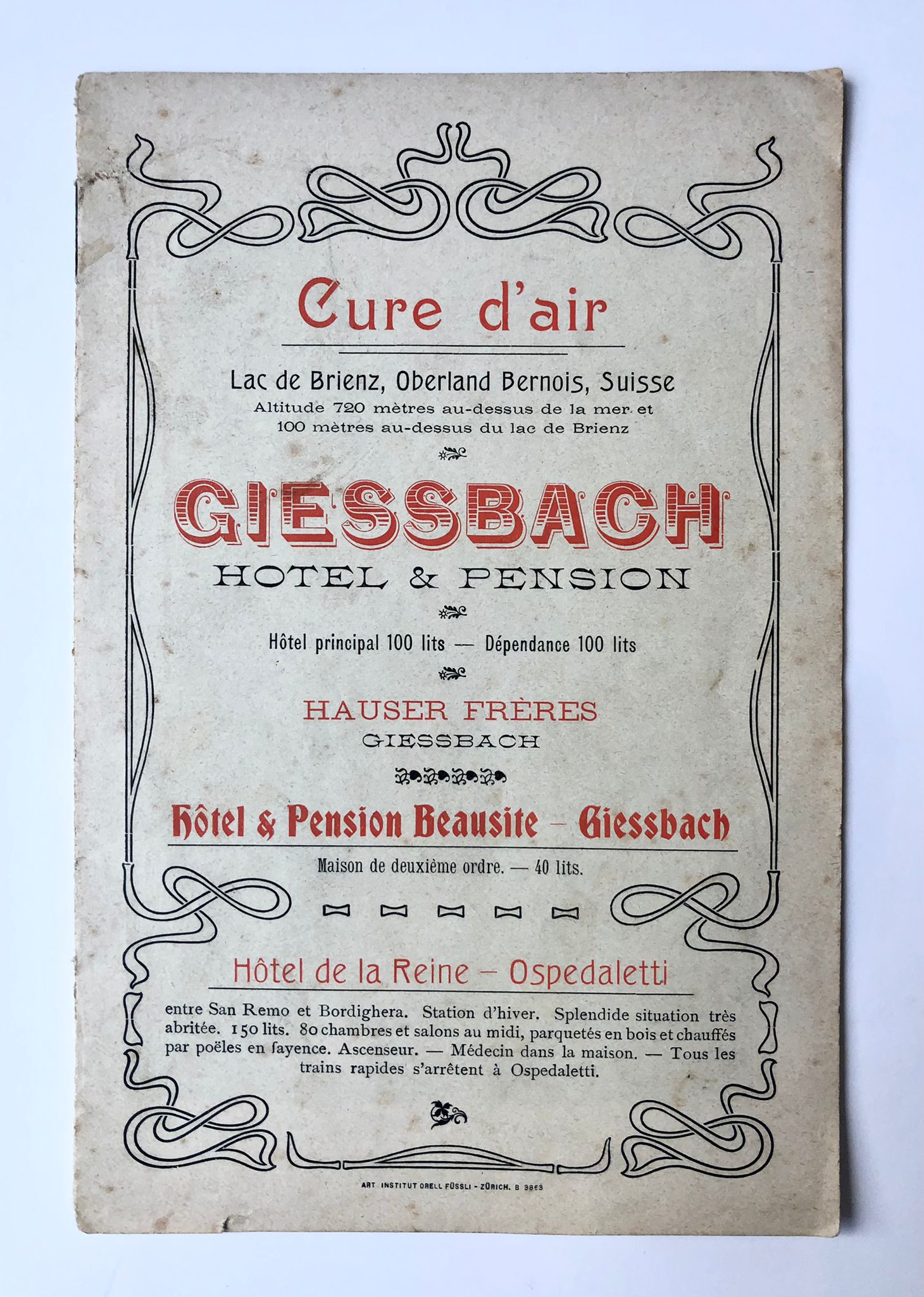 [Switzerland] Cure d’air, Giessbach Hotel & Pension, Hauser Frères, Giessbach, Art. Institute Orell füssli, Zürich, 16 pp.