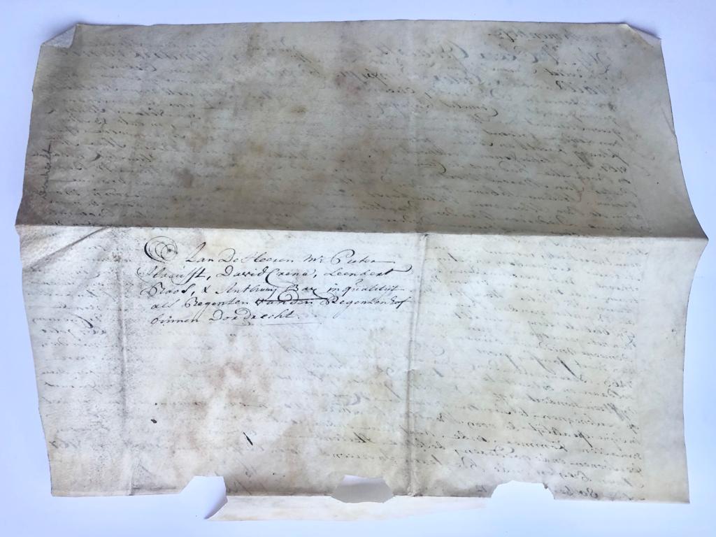 [Charter on parchment, legal deed, 1767] Acte van transport voor schepenen van Dordrecht d.d. 21-5-1767 van een losrentebrief. Manuscript. Charter op perkament, zegels verloren.