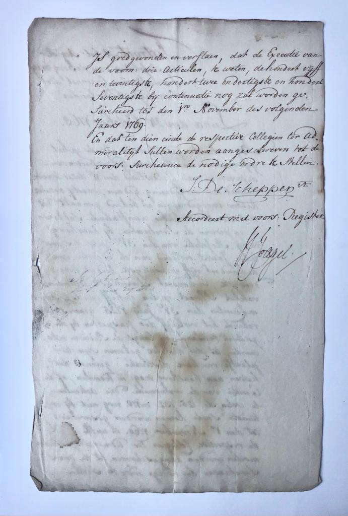 [Manuscript, transport, 1768] Extract uit register resolutien Staten Generaal, d.d. 24-10-1768. Manuscript, 2 pp., signed by De Schepper, Fagel.