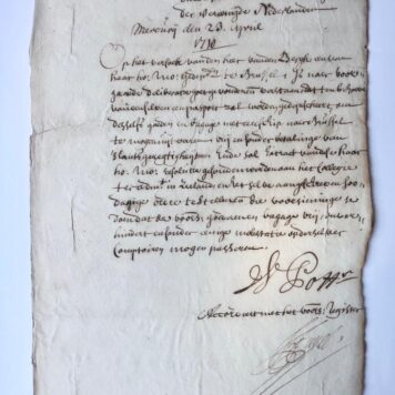 [Manuscript, 1710] Extract uit resolutien Staten Generaal, d.d. 23-4-1710, manuscript, 1 pag, signed by A.Pots en Fagel.