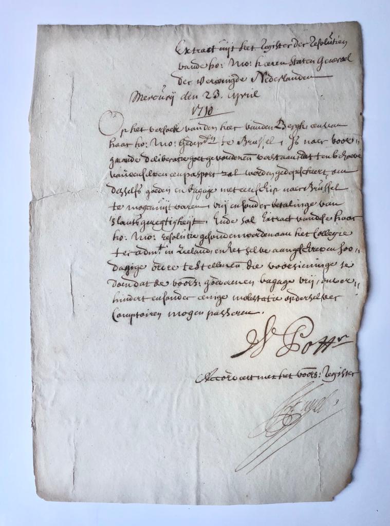 [Manuscript, 1710] Extract uit resolutien Staten Generaal, d.d. 23-4-1710, manuscript, 1 pag, signed by A.Pots en Fagel.