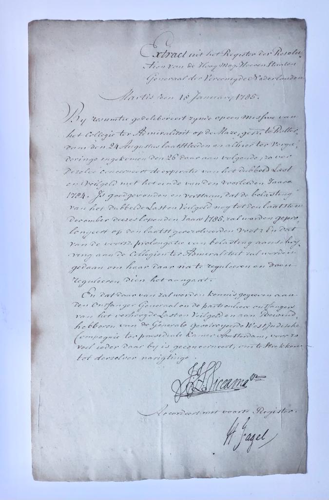  - [Manuscript, 1785] Extract uit resolutien Staten Generaal, d.d. 18-1-1785, manuscript, 1 pag., signed by Siccama en Fagel.