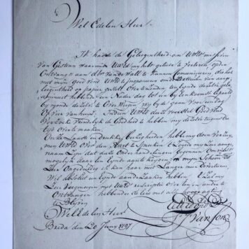 [Manuscript, envelop with seal on the back, 1797] Brief van T (?) J. van Son, d.d. Breda 1797 aan B. van der Borgh, op deszelvs buitenplaats te Valkenburg, manuscript, 4o, 2 pp.