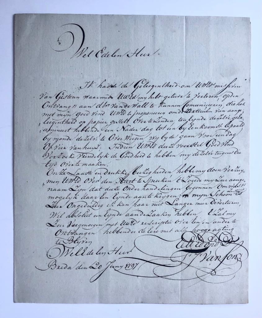 [Manuscript, envelop with seal on the back, 1797] Brief van T (?) J. van Son, d.d. Breda 1797 aan B. van der Borgh, op deszelvs buitenplaats te Valkenburg, manuscript, 4o, 2 pp.