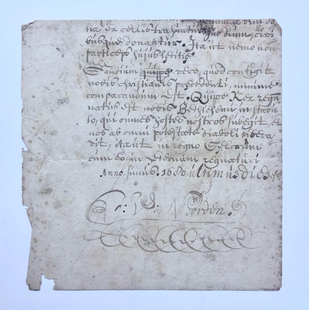 [Manuscript, 1686, part of letter] Part of a letter with autograph of Jacobus van Noorden, 1686, manuscript, 1 p. Text in Latin.