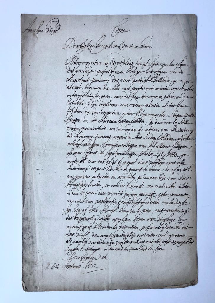 [Manuscript, 20th century copy of manuscript from 1672, council Amsterdam] 20th century copy of a letter of the Maior (burgemeester) and council of Amsterdam to the regent (stadhouder), d.d. 14-9-1672, about the murmer of a certain number of the members of the council, manuscript, folio, 1 p.