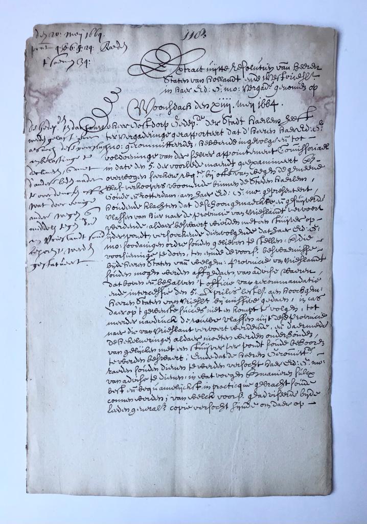 [Manuscript, 1664] Extract uit de resolutien van de Staten van Holland d.d. 14-5-1664. Manuscript, folio, 2 pp.