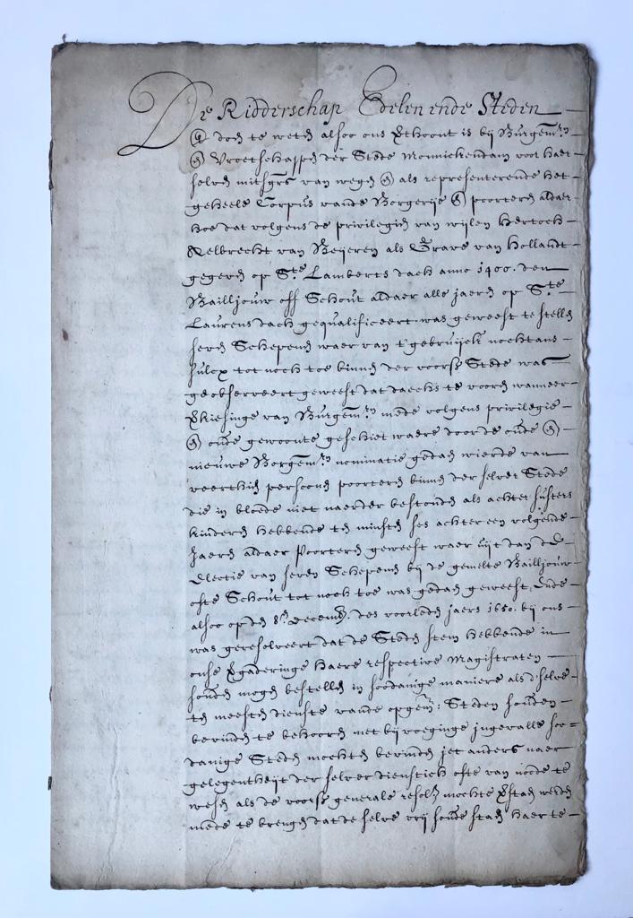 [Manuscript 1651] Legal octroy (Octrooi) of de Staten van Holland d.d. 11-7-1651, for the city of Monnickendam with regard to the magistrate order (magistraats bestelling). Manuscript, folio, 4 pp.