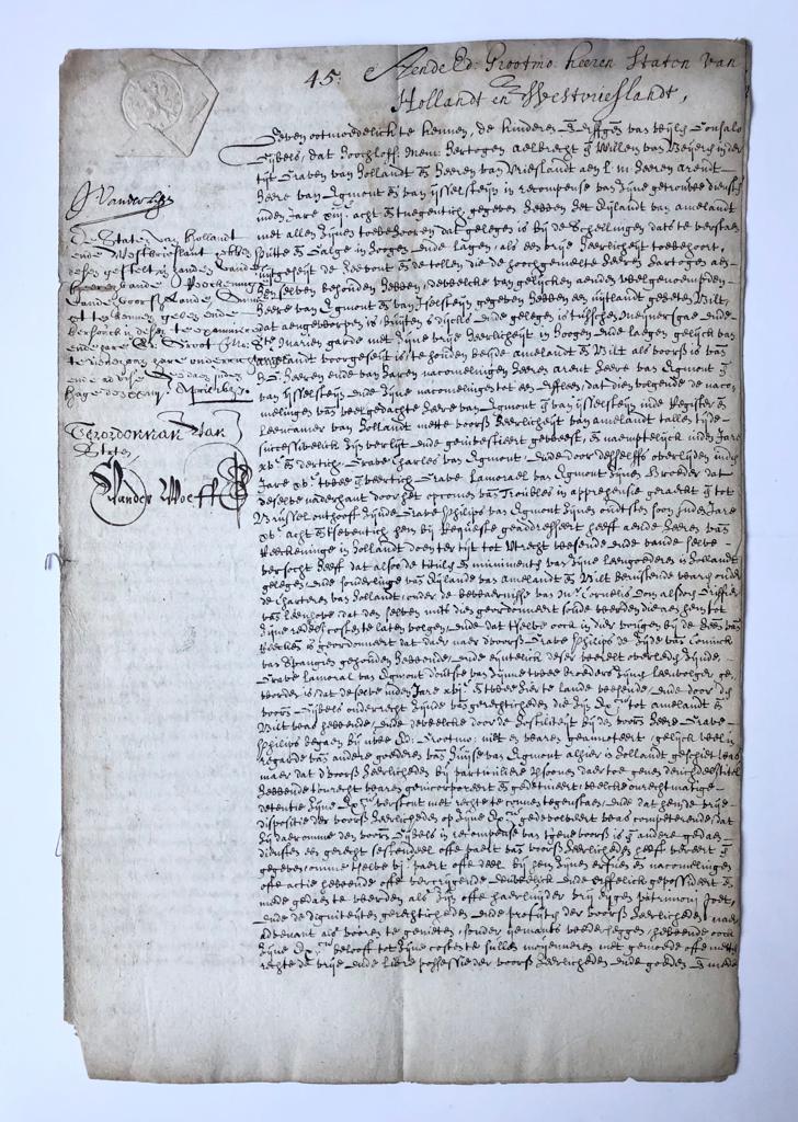 [Manuscript, Ameland, 1637] Request gericht aan de Staten van Holland, van de kinderen en erven van Gonsalo Gijbels, d.d. 1637, over de heerlijkheid Ameland en Bilt. Manuscript, folio, 3 pp.