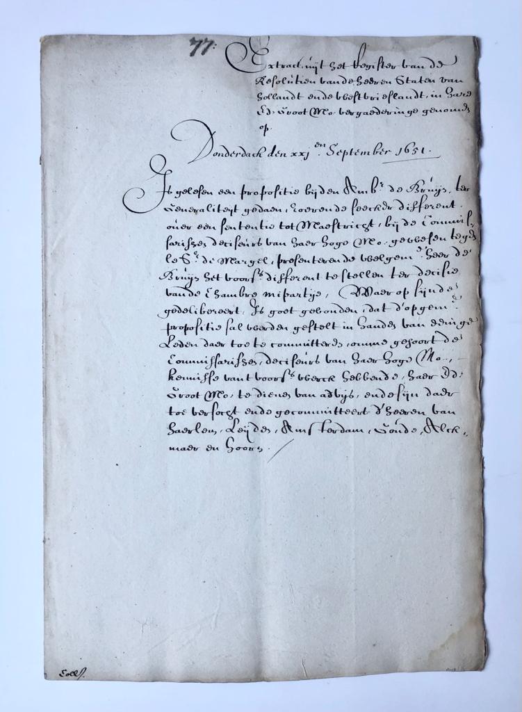 [Manuscript, 1651] Extract uit de resolutien van de Staten van Holland d.d. 21-9-1651. Manuscript, folio, 1 pag.