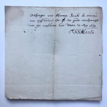 [Manuscript, receipt, 1689] Kwitantie voor Harmen Jacobs, d.d. 27-5-1689, getekend W. van Haren. Manuscript, 1 pag.