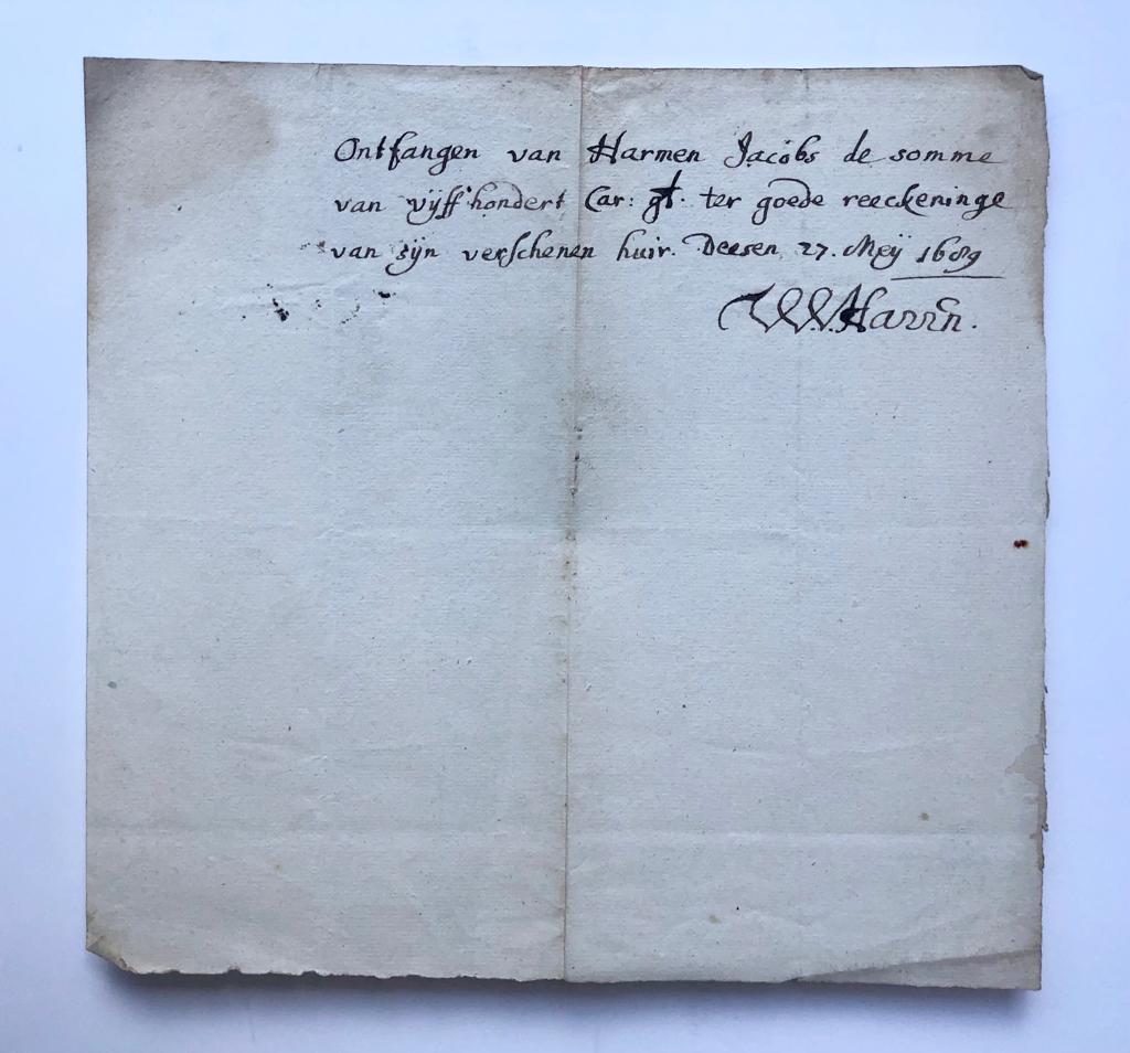  - [Manuscript, receipt, 1689] Kwitantie voor Harmen Jacobs, d.d. 27-5-1689, getekend W. van Haren. Manuscript, 1 pag.