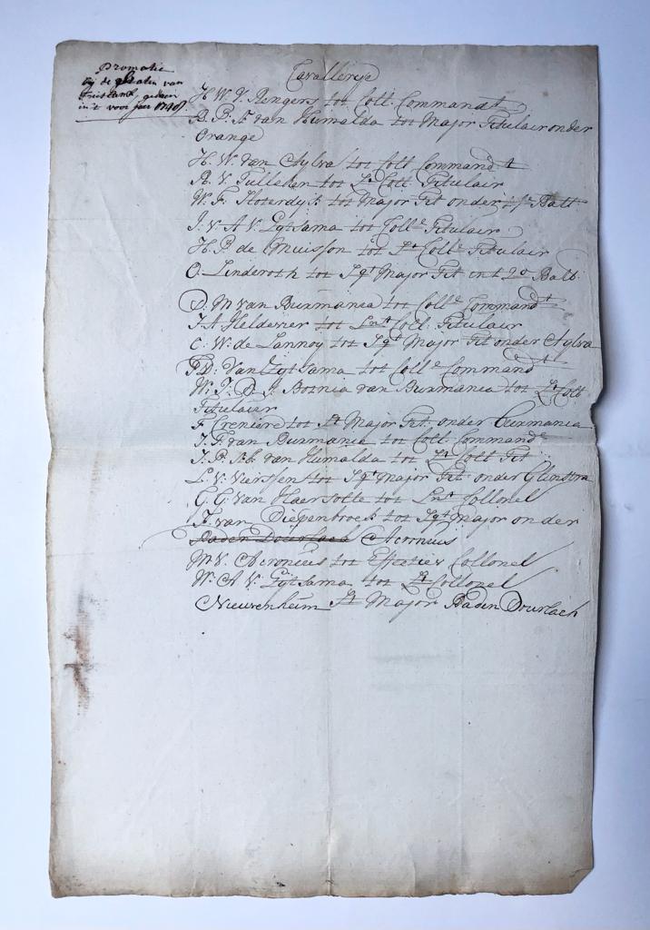 [Manuscript, military 1744-45] Verdeling van de winter fourage voor paarden van F 44 per regiment, 1744-1745. Manuscript, 2 pp., folio.