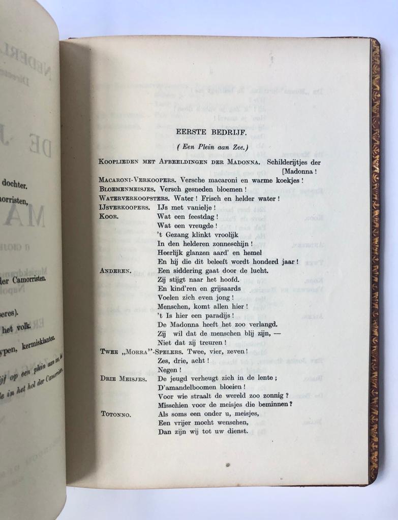[Music, opera, muziek 1916] Programmaboekje opera De juweelen van de Madonna, met handgeschreven opdracht van L.H. Schut aan J. Richard Heuckenroth, 1-10-1916. Luxe exemplaar in leren band met goudopdruk.