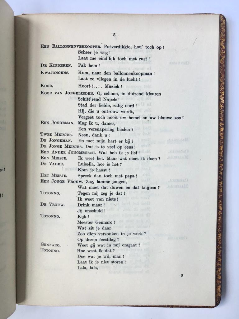 [Music, opera, muziek 1916] Programmaboekje opera De juweelen van de Madonna, met handgeschreven opdracht van L.H. Schut aan J. Richard Heuckenroth, 1-10-1916. Luxe exemplaar in leren band met goudopdruk.