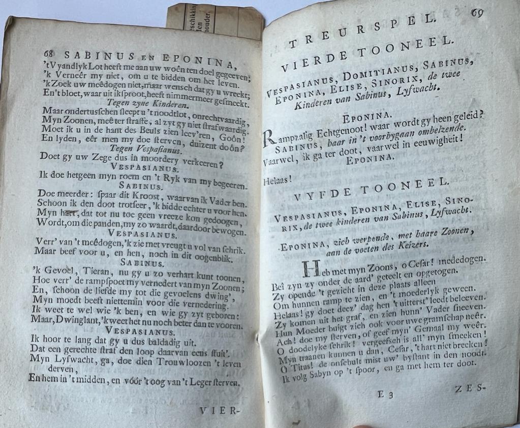 [Theatre play 1741] Sabinus en Eponina, treurspel. Vertaald uit het Frans. [2e druk.] Amsterdam, Izaak Duim, 1741.