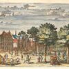 [Antique print, handcolored etching] Het Voorhout van de Kneuterdyk verby de Klooster-Kerk (Lange Voorhout Kneuterdijk), published 1711.