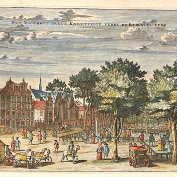 [Antique print, handcolored etching] Het Voorhout van de Kneuterdyk verby de Klooster-Kerk (Lange Voorhout Kneuterdijk), published 1711.