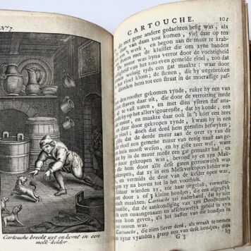 [Criminality, banditry 1735] 't Leven van den weereldberuchten kapitein der moordenaren Louis Dominique de Cartouche, behelsende een verhaal van deezelfs afkomst, opvoeding, ongehoorde gaauwdieveryen, gevangenneming, verwonderens waardige uitbreking der gevankenis, zeldsame verdediging en daar op gevolgde bekering en executie binnen de stad van Parijs. Uit het Fransch vertaalt, 4e- druk, Amsterdam, Johannes de Ruiter en zyn te bekomen by Geertrui de Ruiter, 1735, (6)+116 pp.