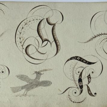 [Calligraphy, 1817] '' Monster letters van Anna Stollee 1817. Titel van oblong cahier met 16 pagina's met getekende letters en ornamenten.