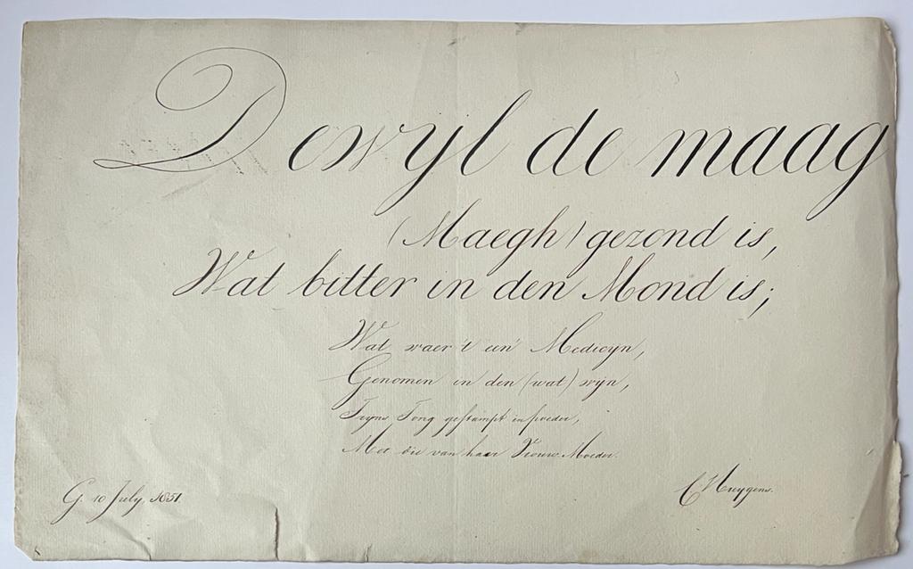 [Calligraphy 1851] Gecalligrafeerd blad, gesigneerd G[raft?] 1851, C. Huijgens (schoolmeester?), 1 p.