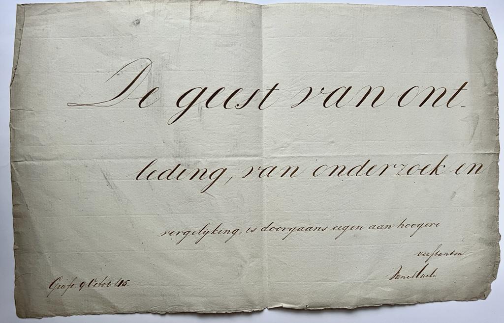  - [Calligraphy 1845] Gecalligrafeerd blad, gesigneerd Graft 1845, van Marle (schoolmeester?), 1 p.