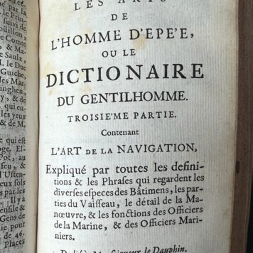 [dictionary of horseriding/military/marine sailing 1686] Les arts de l'homme d'epe'e, ou le dictionaire du gentilhomme. 5e ed., 's-Gravenhage, Moetjens, 1686 (with two of the three plates), (12)+527 pp.