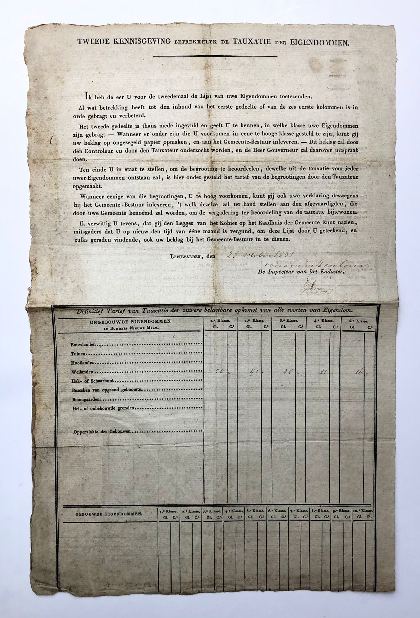 [Land registry, 1831, kadaster] Opgave Kadaster 1831 betr. land te Hijum, eigendom van Pieter Ietses Gemers te Hijum. Groot blad, deels gedrukt.