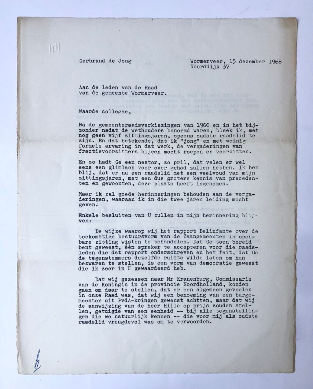 [Typed letter, 1968] Brief van Gerbrand de Jong, Wormerveer 1968, aan de gemeenteraad van Wormerveer. Typed, 2 pp.