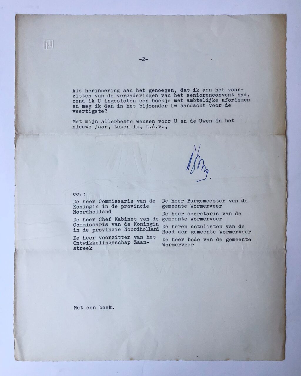 [Typed letter, 1968] Brief van Gerbrand de Jong, Wormerveer 1968, aan de gemeenteraad van Wormerveer. Typed, 2 pp.