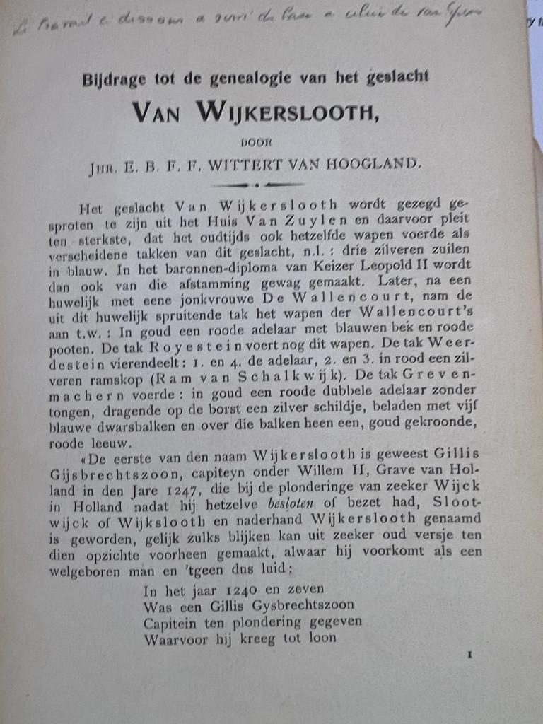 [Geneology ] Bijdrage tot de genealogie van het geslacht Van Wijkerslooth. Z.p. z.j., 27 p.