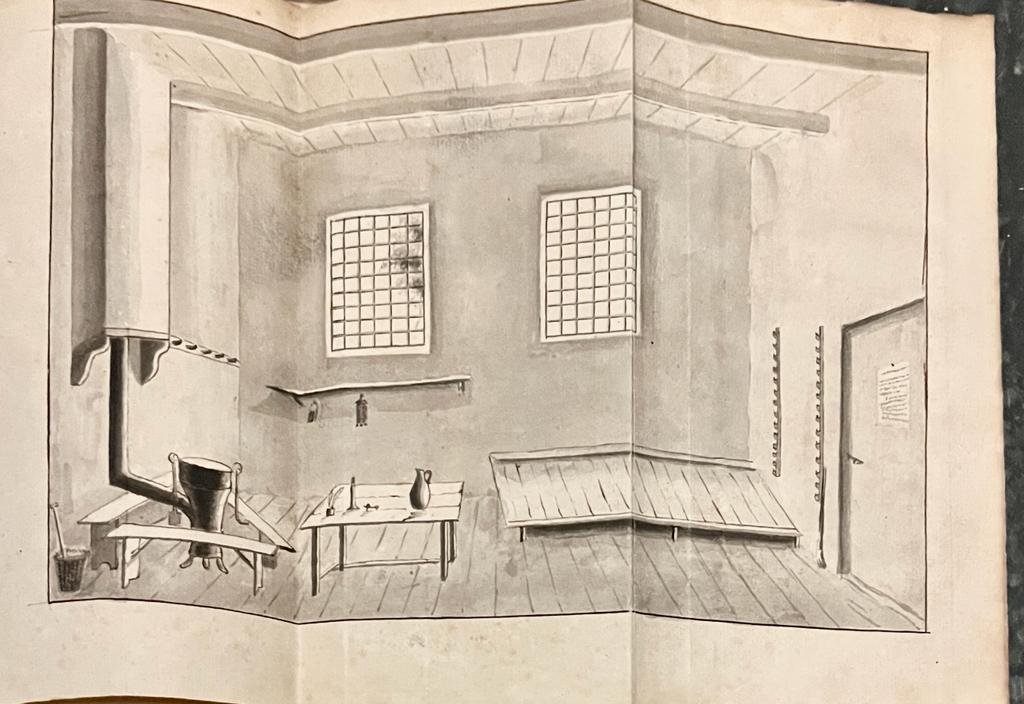 [Military, drawing, ca 1815] Aquarel in grijs van het interieur van een kamer van een militair, getekend in of kort na 1815 door G. de Ronde of S.T.H. Piper, 19x26 cm., gebonden in een exemplaar van reglement voor den garnizoensdienst, 's-Gravenhage, 1815, 93 pp., bound in parchment.