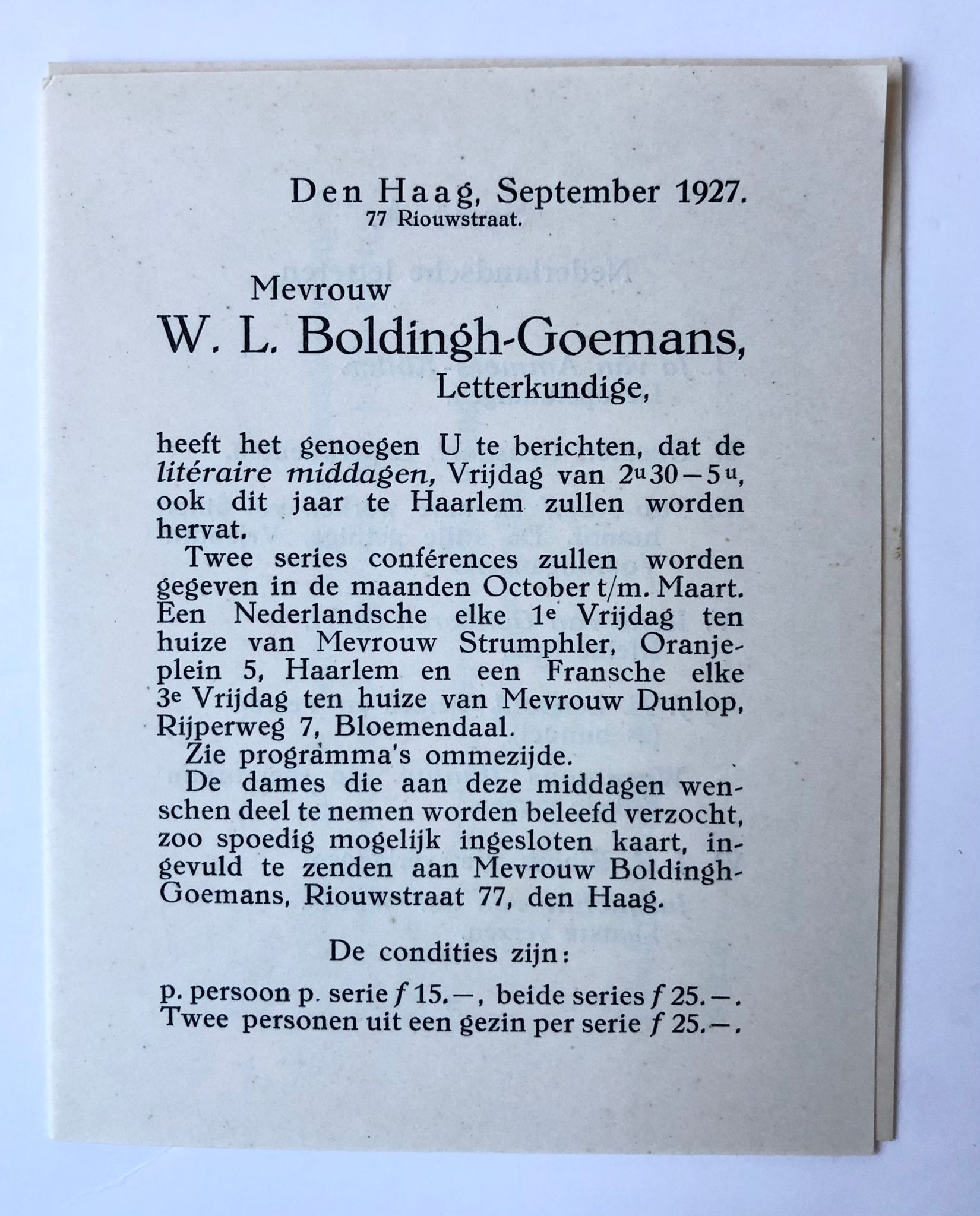 [Literary society, 1927] Aankondiging van mevr. W.L. Bolding-Goemans, d.d. Gravenhage 1927, betr. literaire middagen te Haarlem. Printed publication, 4 pp.