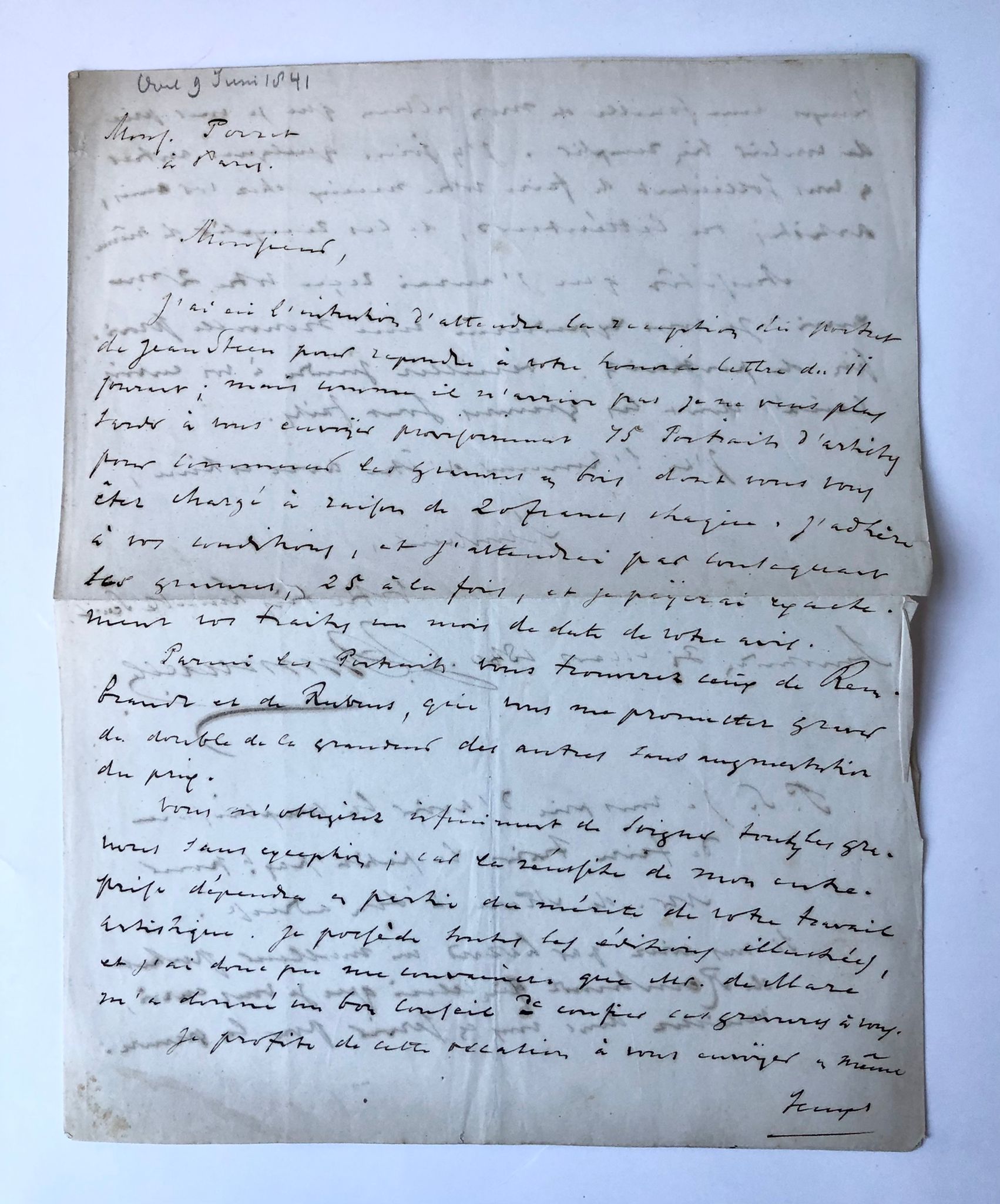  - [Manuscript 1840] Letter of J. Immerzeel, d.d. Amsterdam 1840, to Mr. Porret in Paris (Parijs) (deceased 1841). Manuscript, 2 pp.