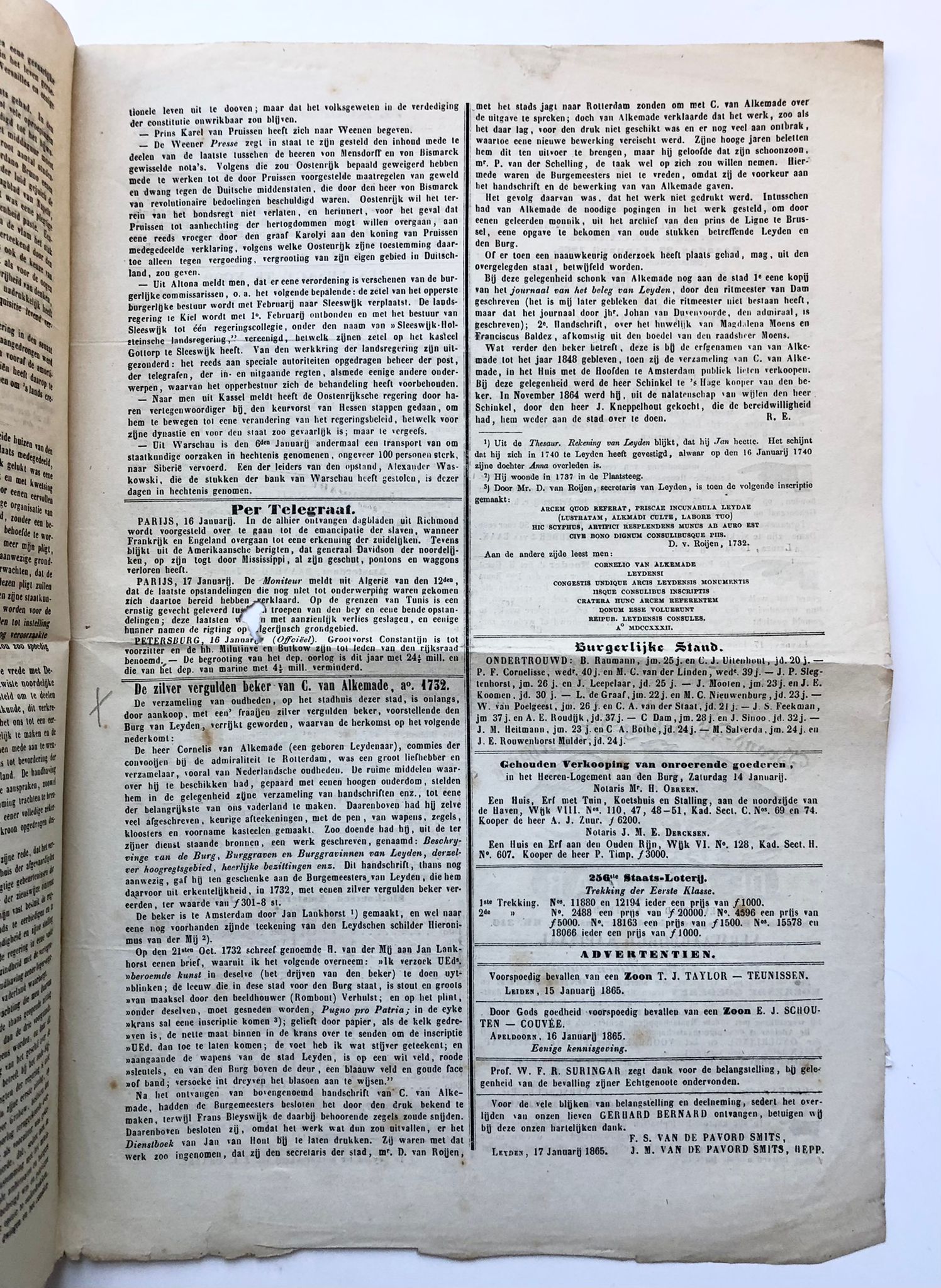 [Newspaper, Leiden, 1865] Artikel 'De zilver vergulden beker van C. van Alkemade Ao- 1732'. Door R[ammelman] E[lsevier], afgedrukt in Leydsche Courant 18-1-1865.