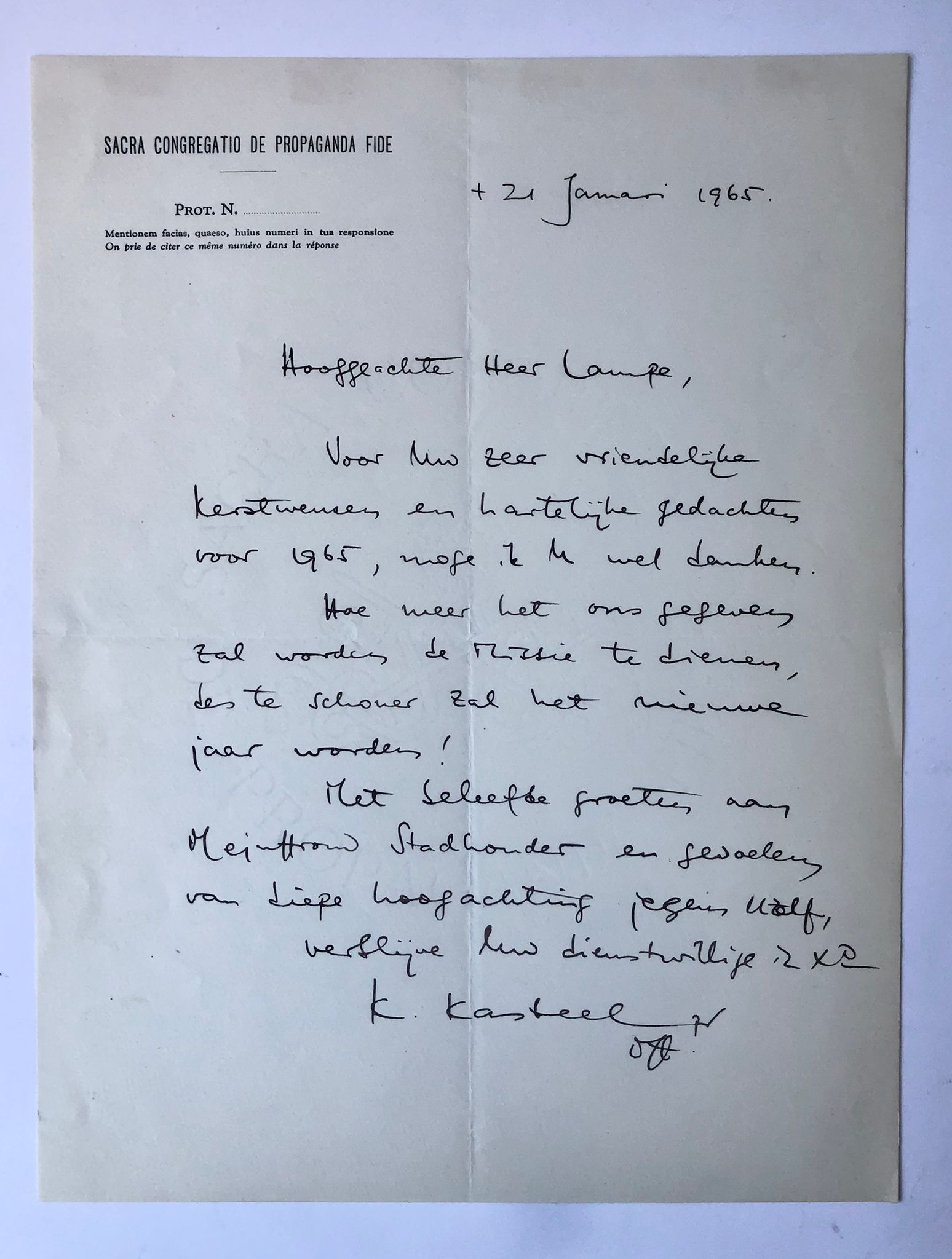 [Manuscript ca 1965] Letter of K. Kasteel, d.d. 1965, to Ernst Lampe. Manuscript, 1 p.