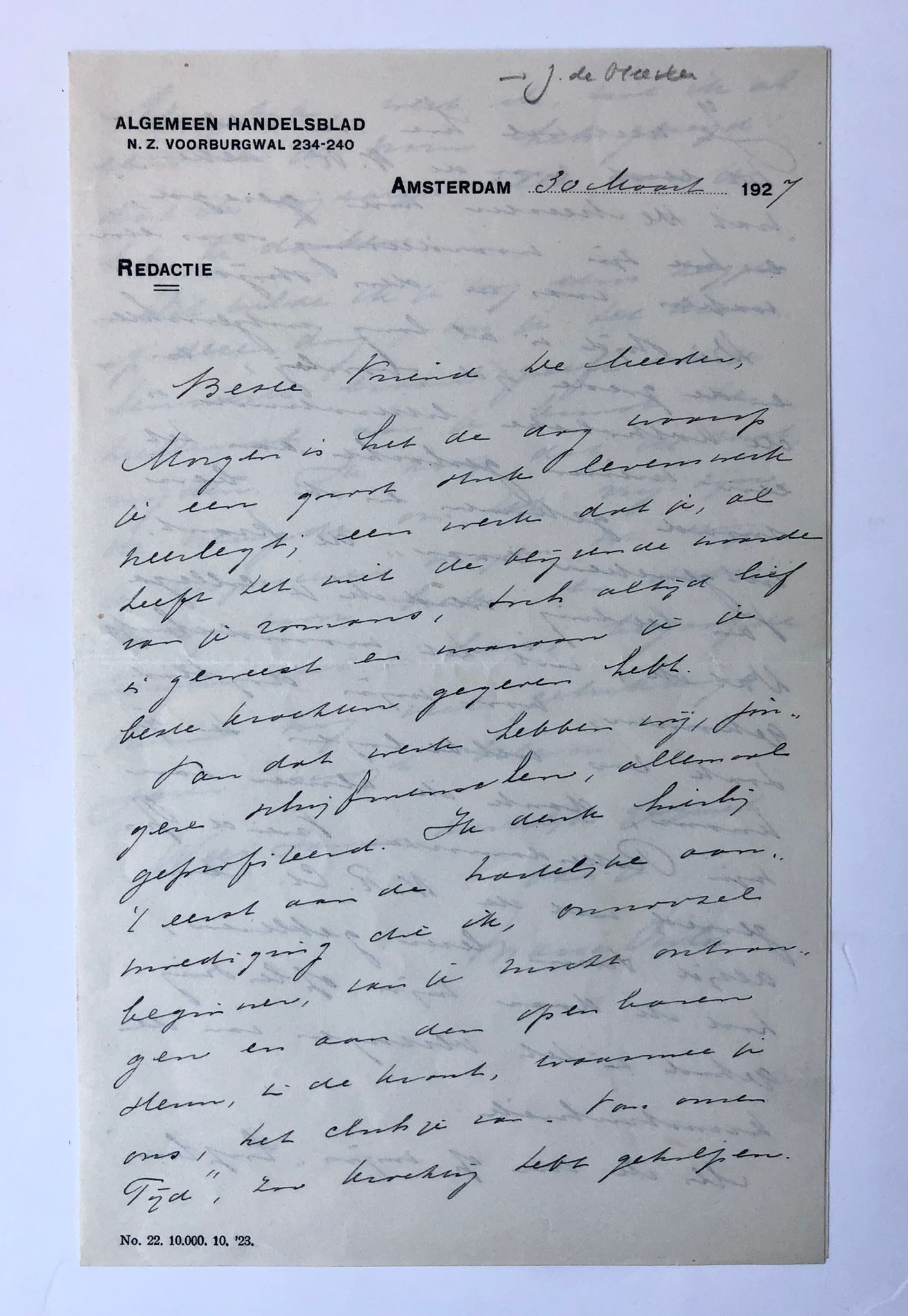 - [Manuscript, letter, 1927] Letter of literary and art critic Maria Viola, d.d. Amsterdam (Alg. Handelsblad) 1927 to Johan de Meester.