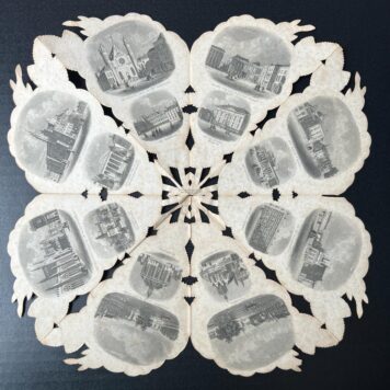 [Paper Art, Souvenir rose, The Hague, ca 1860] Souvenir-Roos van Den Haag, lithography with 28 topographical illustrations, folded in the form of a rose. Total: 25 x 25 cm, folded about 12x6,5 cm. Published by J.C. Adler Hamburg, 1 p.