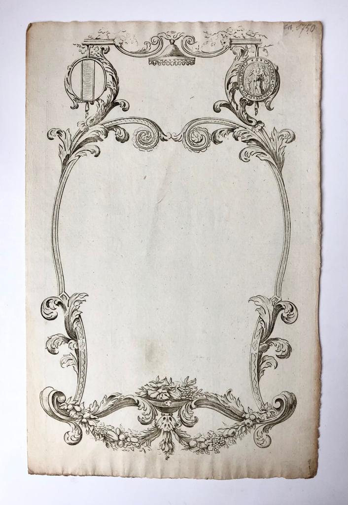  - [Printed cartouche, Delft, 1750] Printed cartouche with blank inner compartment. Left top: coat of arms of Delft. Right top: illustration of the seal of (zegel van de) 'camerae caritatis S.P.Q. Delfensis'. Printed, folio, ca. 1750.
