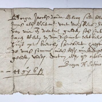 [Manuscript, 1621] Manuscript with assignment (opdracht) to Borger Jacobsz van der Blocq as steward (rentmeester) of Meyskenshuys in Delft. Order to pay Jochem Jansz. Signed: Bruyn H(armensz.) Schinkel, d.d. 2-10-1621. Manuscript, 1 p.