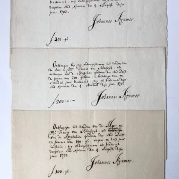 [Manuscript, 1703] Three receipts (kwitanties) of ds. Johannes Kramer for Franco van Bleyswijk as steward (rentmeester) of the church goods (kerkelijke goederen) in Delft (betreffende tractement). Manuscript, 1703, 3 pp.