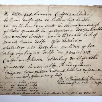 [Manuscript, 1744] Receipt (kwitantie) of Casper Werkhoven as elder (ouderling) of the Lutherse gemeente Delft (Lutherse Kerk), for Wilhelmus van Soest with regard to a legacy (legaat) of Van Soests brother in law (zwager) Jan Krabbe, bottler (bottelier) on the ship Rijnhuijsen. 1744, manuscript, 1 p.