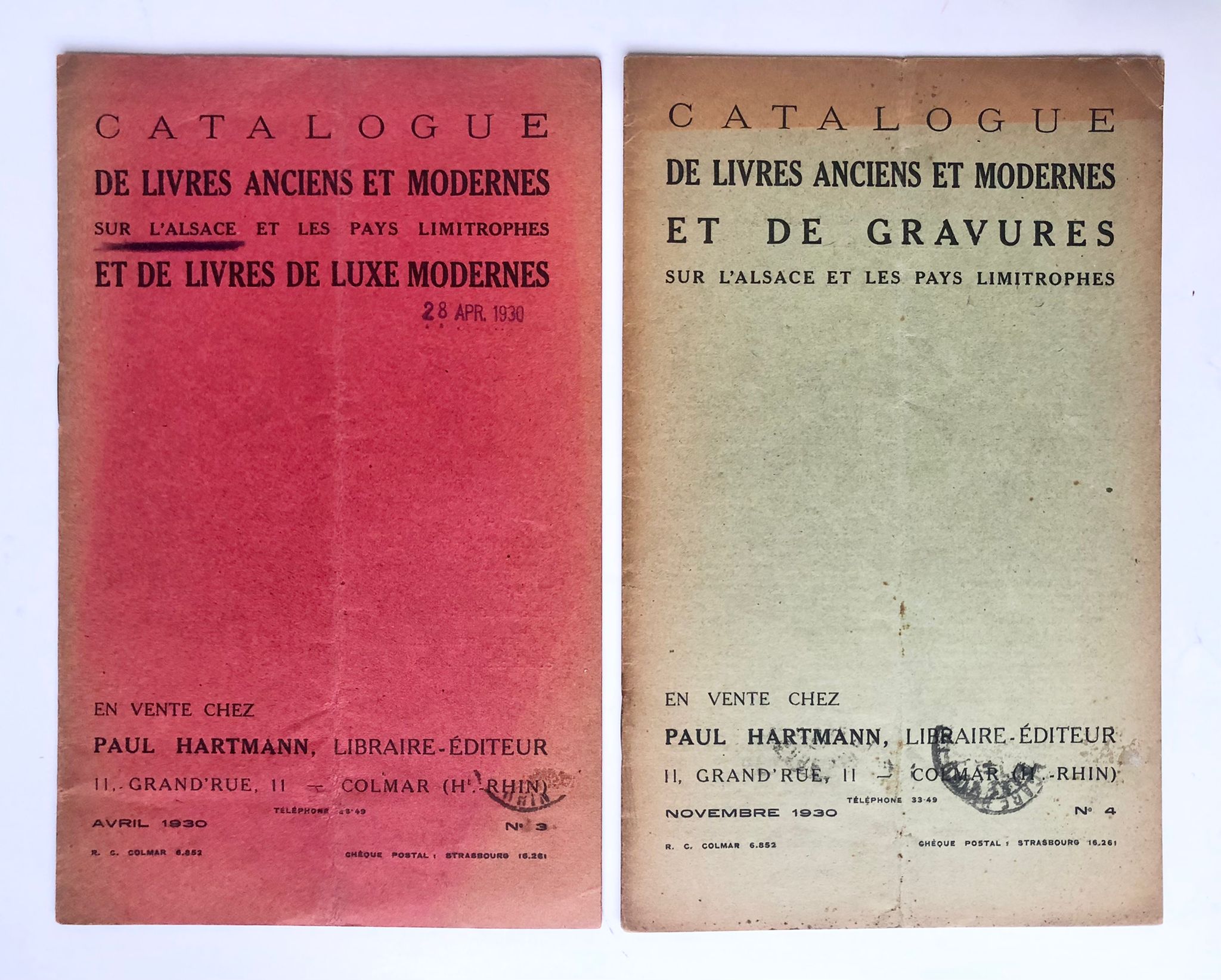 [Sale catalogue, bookshop Elzas, Elsas, 1930] Two sale catalogues: " Catalogue de livres anciens et modernes sur l'Alsace" by antique bookshop (antiquariaat) P. Harxmann, Colmar, 1930, 20 pp.