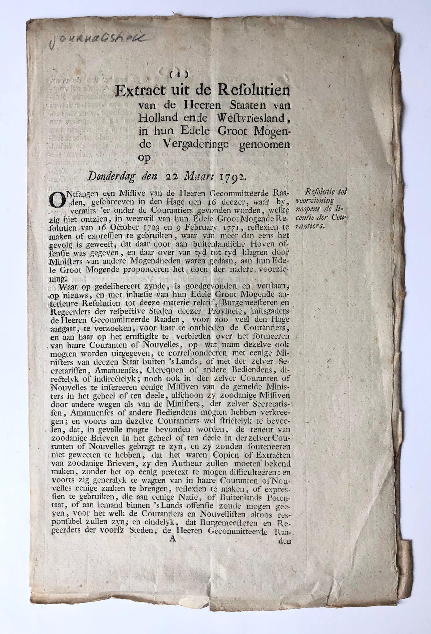 [Printed publication, printed press, 1792] Printed publication " Extract uit resolutien Staten van Holland d.d. 22-3-1792" about licence of newspapers (licentie der courantiers), 2 pp, folio.