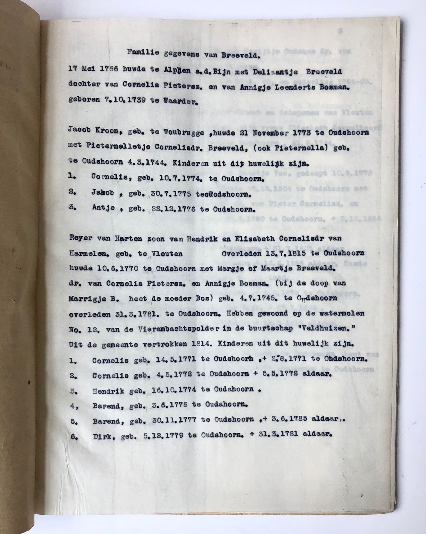 [Geneolgoy, 20th century] Family notes Breeveld. Typed, 20 pp.